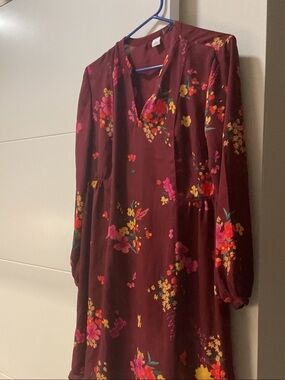 Burgundy Floral Long Sleeve Dress